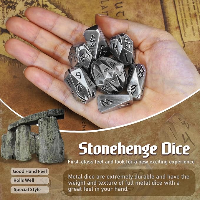 Metal Dice Set for DND, ZHOORQI 7 Pcs Polyhedral Dice, Perfect for Dungeons and Dragons, RPG Role Playing Games - Unique Cool Dice with Stonehenge Themed Design for Games Gifts(JS-Silver)