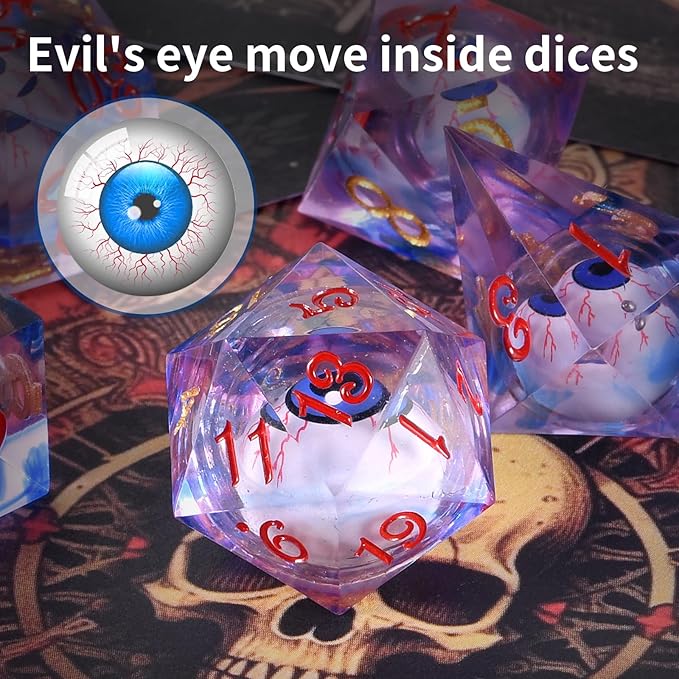 Evil Eye D20 Dices Moving Eyes Dice DND Dice Set with Moving Eye Inside Sharp Corners Dices Dungeons and Dragons Polyhedral Role Playing Gaming Dices D20 Dice 7 Set Halloween Dices Red