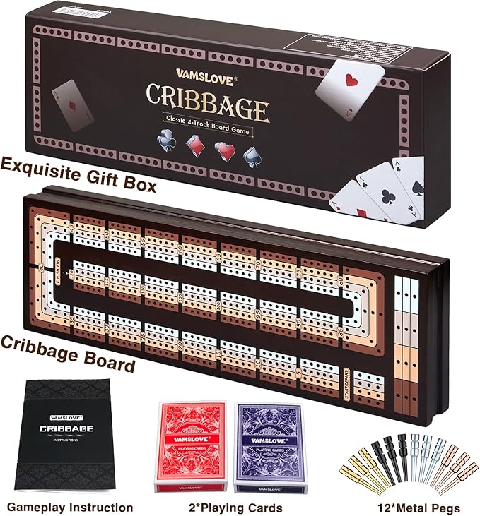 VAMSLOVE Upgraded Wooden 4-Track Cribbage Board Game Magnetic Scoreboard with Large Slots for Storing 2 Playing Cards and 12 Metal Pegs, Travel Family Game Night (Instruction Included)