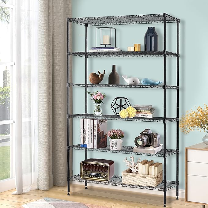 16''Lx42''Wx72''H 6 Shelf Wire Shelving Unit Heavy Duty Metal Storage Shelves NSF Wire Shelf Organizer Black Height Adjustable Utility Steel Commercial Grade Layer Shelf Rack 1500 LBS Capacity