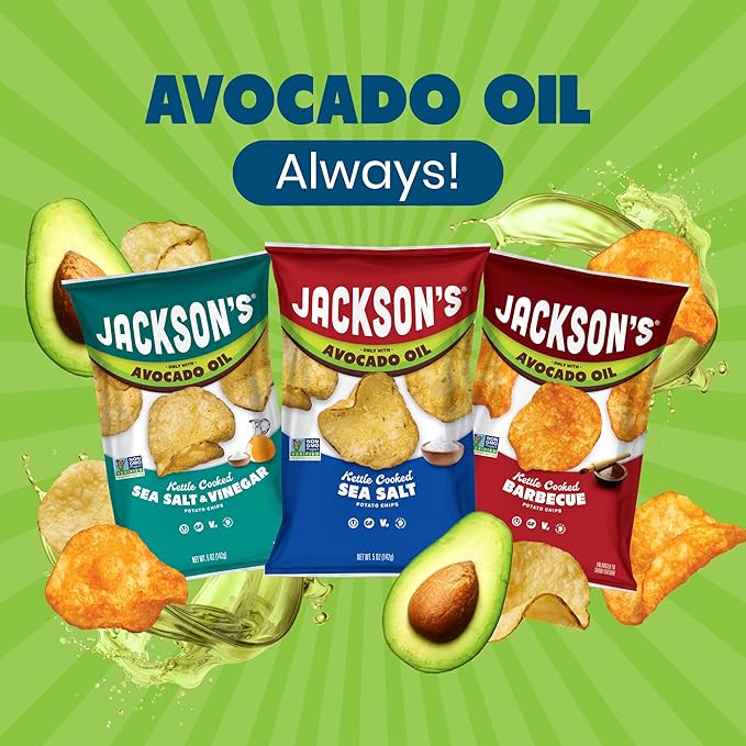 Jackson’s Classic Kettle Potato Chips (Variety Pack, 5 oz, Pack of 7) - Made with Premium Avocado Oil, Sea Salt, Salt & Vinegar and BBQ Flavors - Allergen-friendly, Gluten Free, Vegan