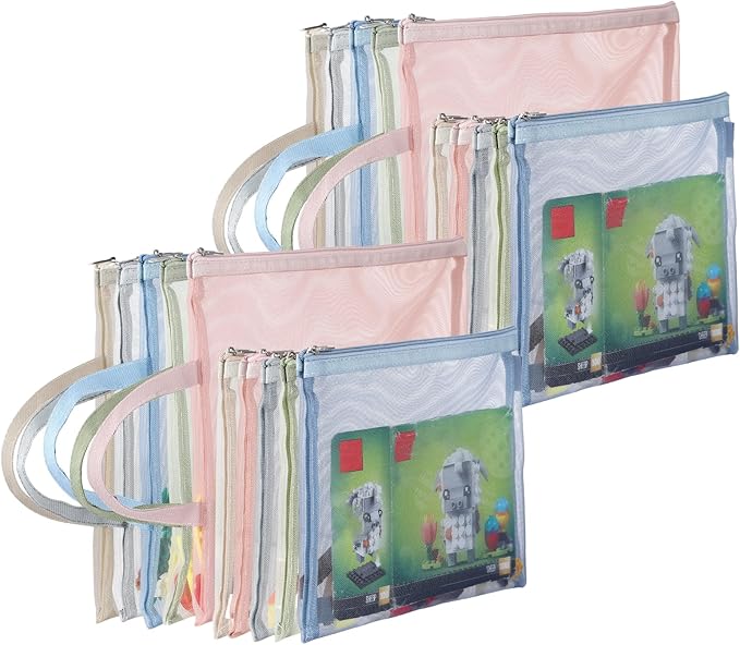 20 Pack Colored Mesh Zipper Pouch Bags, Nylon Puzzle Building Block Sets Toy Storage and Organization, Breathable See Through(10Pcs A4+10Pcs A5) Zipper Pouch with Handle for Games