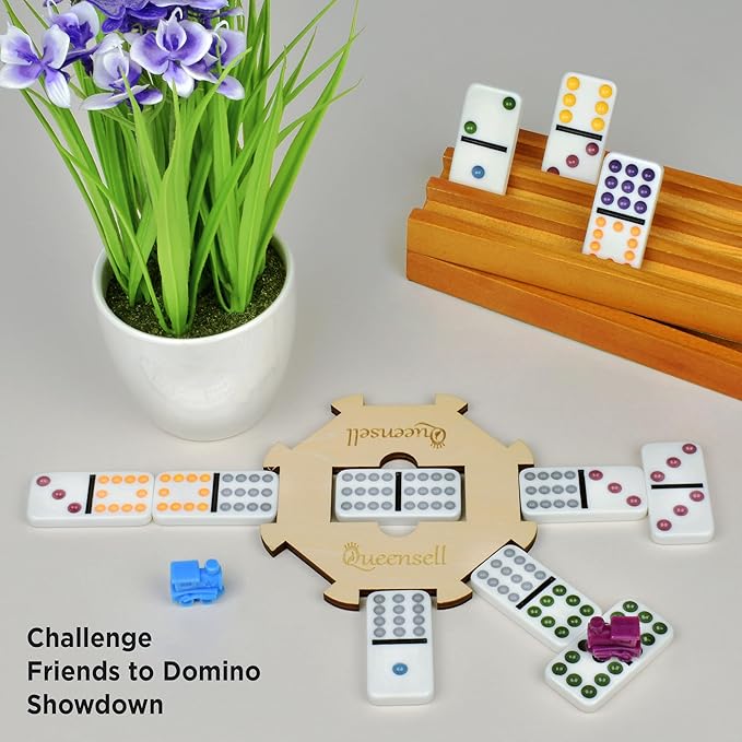 Queensell Mexican Train Dominoes Set with Wooden Hub, Domino Tile Board Games - Double 12 Dominos Set for Family Game Night for Adults and Kids Ages 8 and up (Double 12)