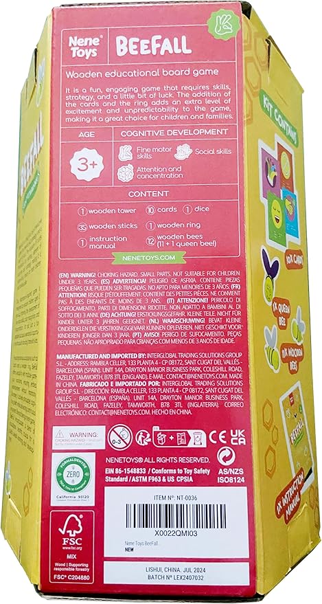 Nene Toys BeeFall, 4-in-1 Wooden Honey Bee Toy for Kids Ages 3-9 - Educational Game with Wooden Honeybee Hive, 12 Bees, Colorful Sticks, Dice & Cards - Fun Family Game for Cognitive Development