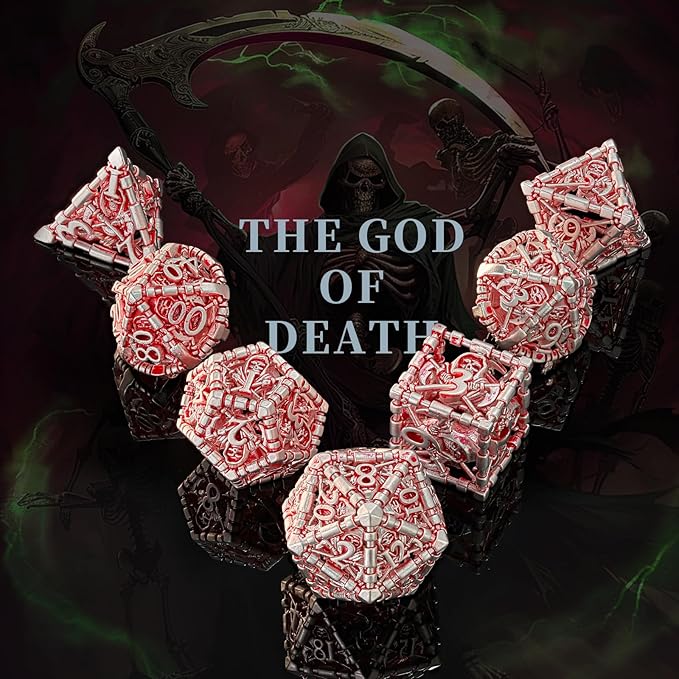 DND Dice Set,HNCCESG DND Hollow Polyhedral Dice Red White Grim Reaper Metal 7Pcs Dice Set with Gift Box for Dungeons and Dragon Tabletop Game for MTG RPG(Matt red White)