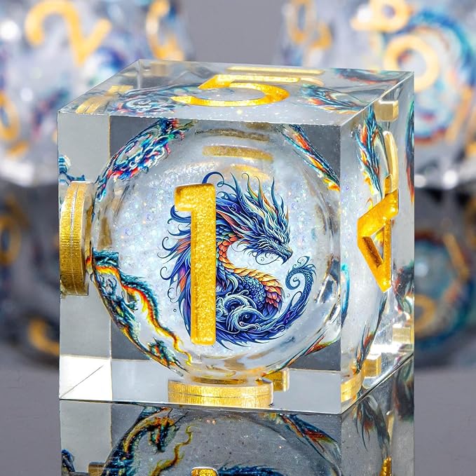 Dragon Pattern Liquid Core DND Dice Set, 7Pcs Sharp Edge D&D Dice with Gift Box, Resin White Dungeons Dragons D and D Role Playing Dice D20 D12 D10 D8 D6 D4