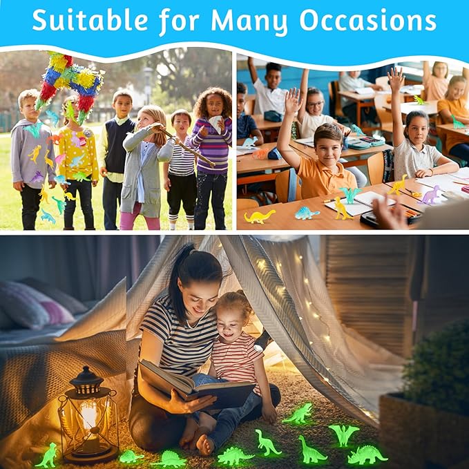 16PCS Glow in Dark Mini Dinosaur Figures for Kids Birthday Party Favors Supplies Dino Cupcake Topper Decoration Goodie Treat Bag Stuffers Pinata Fillers Treasure Carnival Prizes Small Bulk Toy Trinket