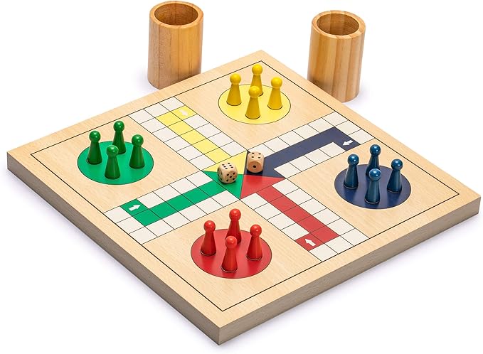 Yellow Mountain Imports 2-in-1 Reversible Wooden Snakes and Ladders, Ludo Game Set - 11.3 inches