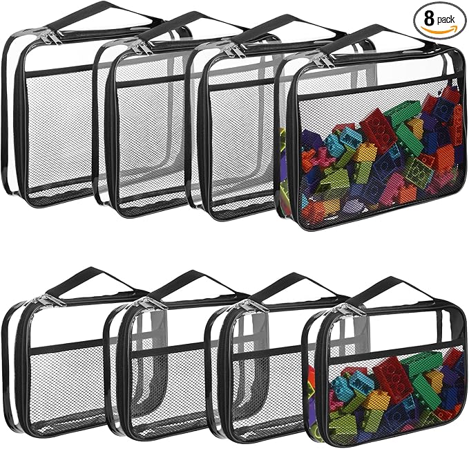 8 Packs Toy Storage Bags with Zipper, Reusable Clear PVC Board Game Storage, Travel Waterproof Organizer Bags with Portable Handle for Building Blocks, Bricks, Puzzles, Books