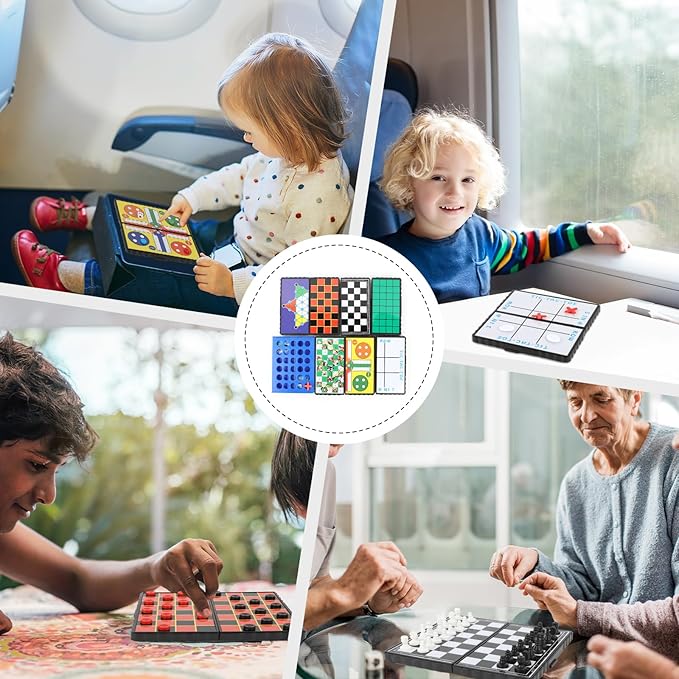 8-in-1 Mini Travel Board Games Set, Magnetic Checkers Game with Folding Magnet Board, 4 in a Row Game, 5.2'' Compact Design Ideal for Family/Road Trip/Travel/Camping Party, Included Storage Bag