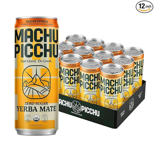 MACHU PICCHU ENERGY, Zero Sugar Yerba Mate, Clean Energy Drink Alternative, 12oz (Pack of 12) - 120mg Organic Green Coffee Bean Caffeine, Low Calorie, USDA Organic, No Artificial Flavors (Ocean Citrus)