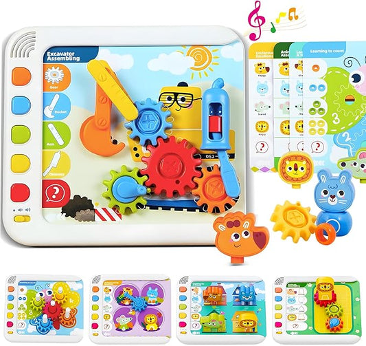 STEM Learning Toys for Kids Age 3-6, Interactive Montessori Busy Board with Flash Cards, Gears, Animals, and Building Blocks, Alphabet Educational Learning Tablet for Toddlers Ages 2 3 4 5 6