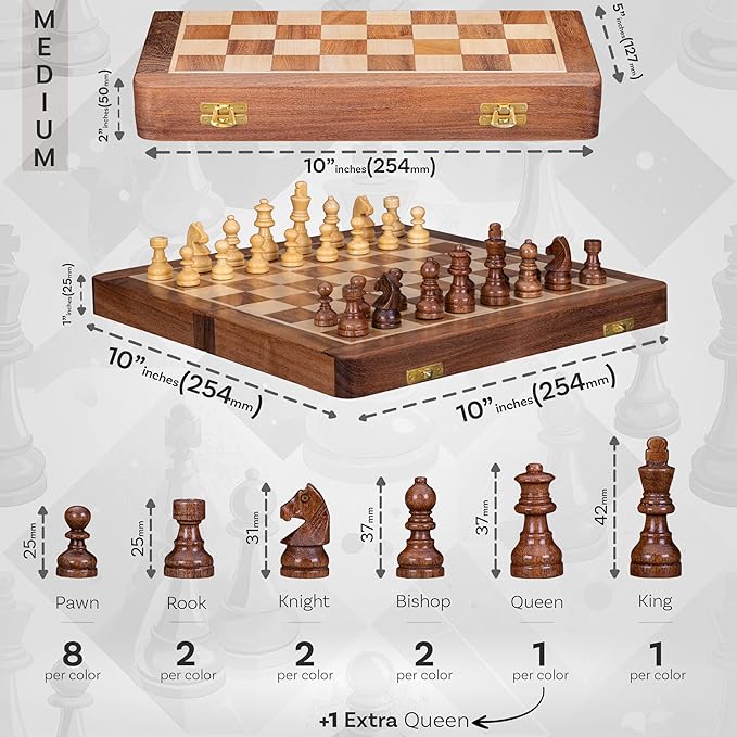INTAJ Magnetic Wooden Chess Set – 10 Inch Folding Travel Chess Board for Adults and Kids | Handcrafted Acacia Wood Game with Storage Compartment | Decorative Medium Chess Set for Gift and Learning