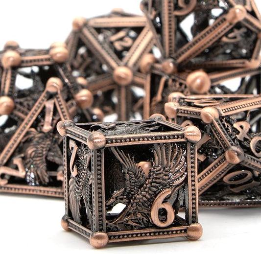 D&D Dice, Dungeons and Dragons Metal Dice Set of 7PC,DND Dice Eagle Design with Role Playing D and D Starter Dice for RPG MTG Table Board Games Shadowrun Yahtzee (Eagle-Copper)