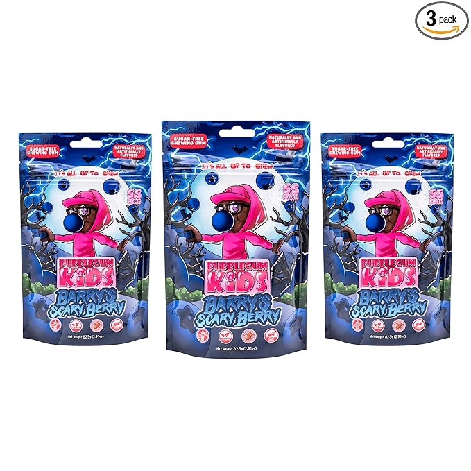 Bubblegum Kids Sugar Free Gum - For Kids and Adults - Vegan Friendly - Retro, Parent Approved Bubble Gum with Burst of Sweet Flavor - Barry's Scary Berry (Berry 3-Pack)