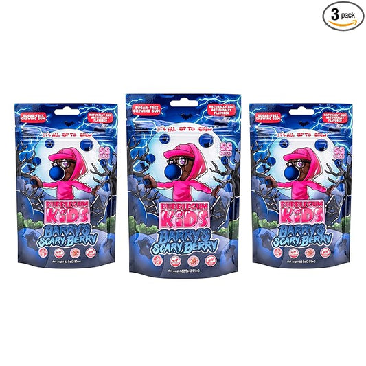 Bubblegum Kids Sugar Free Gum - For Kids and Adults - Vegan Friendly - Retro, Parent Approved Bubble Gum with Burst of Sweet Flavor - Barry's Scary Berry (Berry 3-Pack)