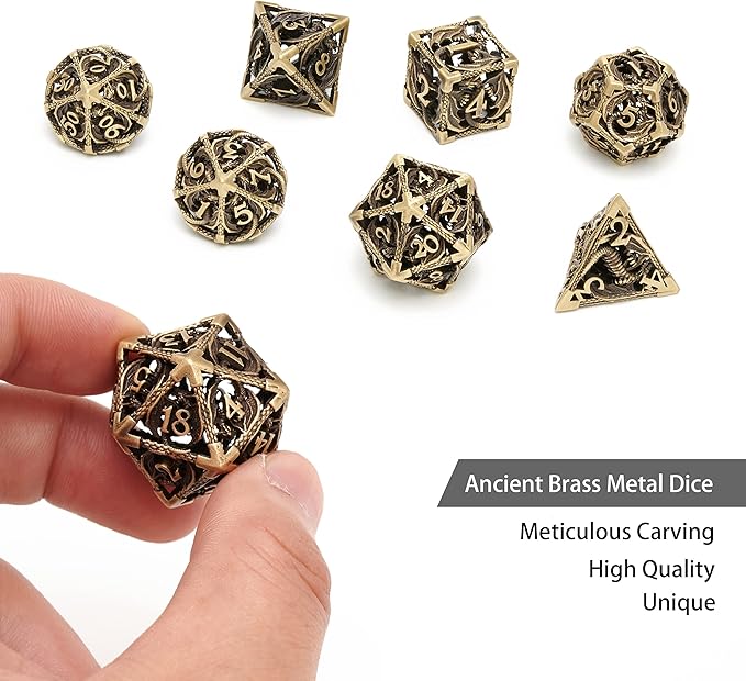 DND Dice,Hollow D&D Metal Dice,Dungeons and Dragons Dice Set with Gift Box,7 PCs Steampunk Polyhedral Dice Games Set for RPG,MTG,Pathfinder, (Dragon Ancient Bronze)