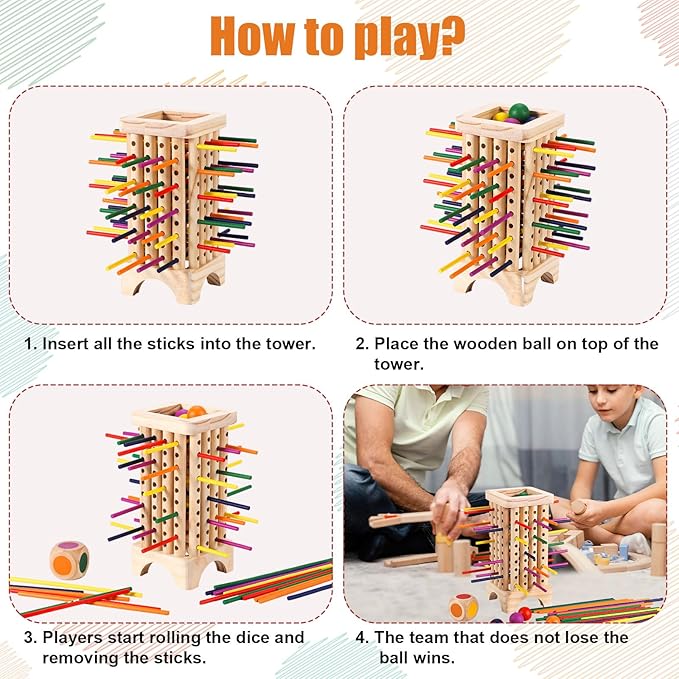 Wooden Board Game Set, Colorful Wood Sticks Game Wooden Sticks Stacking Game Montessori Game Math Educational Toys Preschool Toy Gift for Kids Boys Girls