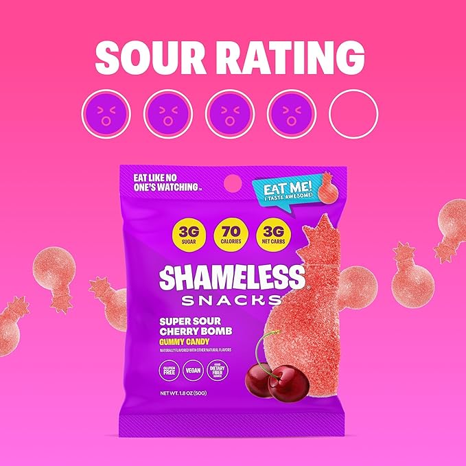 Shameless Snacks - Healthy Low Calorie Snacks, Low Carb Keto Gummies (Gluten Free Candy) - 6 Pack Sour Cherry Bomb