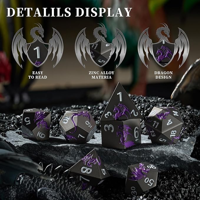 Metal Dice Set D&D, HNCCESG Polyhedral Dice 7 Piece Dice Dragon Metallic DND Dice Set for Dungeons and Dragon RPG Tabletop Game(Black Purple Dragon)