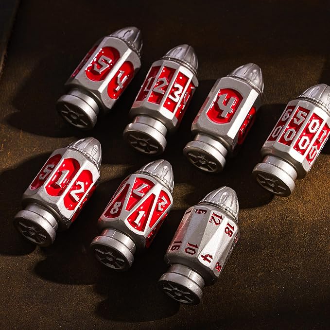 UDIXI Metal Dice Set D&D 7-Die RPG Polyhedral Bullet Dice Set Cyberpunk Style with Metal Container for Role Playing Game or Other Tabletop Games(Nickel Red)