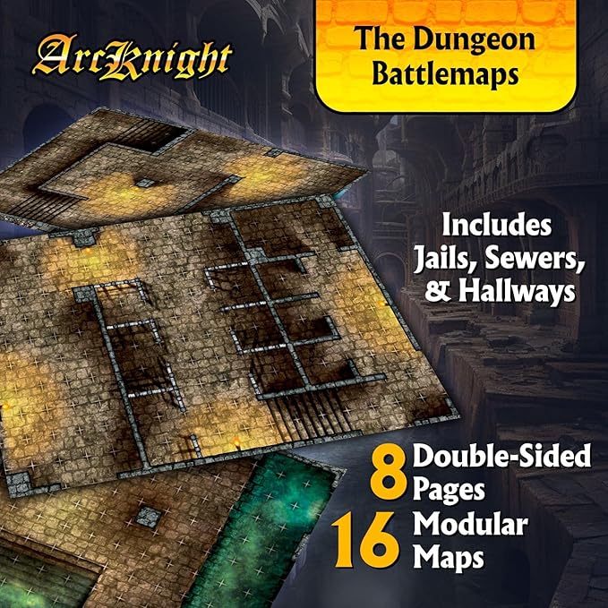 Arcknight The Dungeons Roleplaying Battlemaps; 16 Modular RPG Maps in 8 Double-Sided Pages, 1" Square Grid, Modular & Versatile Design for Tabletop Gaming - for Dungeons & Dragons & Pathfinder