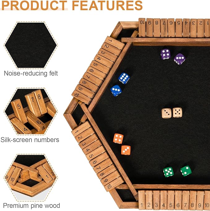 1-6 Players Shut The Box Dice Game, Wooden Board Table Math Game for Kids Adult with 24 Dice, Close The Box Game for Family, Party, Christmas, Birthday