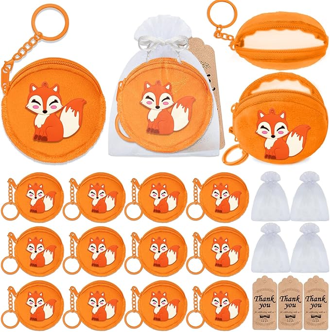 36 Pack Fox Change Purses Set Include 12 Fox Wallets with Keyring, 12 Thank You Tags and 12 Organza Bags for Woodland Animals Forest Wild One Camp Party Supplies,Orange