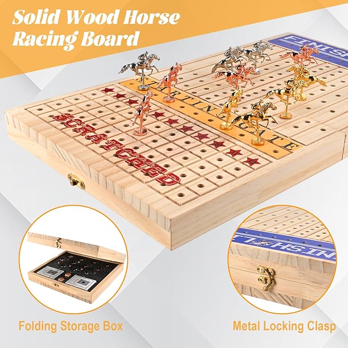 21 inches Horse Racing Game, Horse Race Board Game with 11 Metal Horses, Wood Folding Board Game with 120PCS Chips, 2 Dice and 2 Decks of Cards,for Friends Adults Family Party Game Night