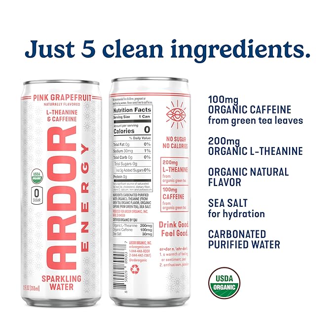ARDOR ENERGY Sparkling Water with 100mg Natural Caffeine & 200mg L-Theanine from Organic Green Tea for Smooth Energy & Focus | Healthy Energy Drink | No Sugar, Zero Calories, Vegan, Gluten-Free | Pink Grapefruit (Pack of 12, 12oz cans)
