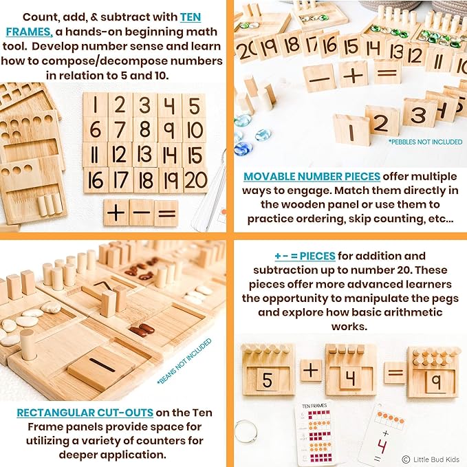 LITTLE BUD KIDS Counting Pegs - A Ten Frame Math Game with Addition and Subtraction Flash Cards, A Wooden Montessori Math Toy & Math Manipulatives Number Peg Boards for Kids 3 4 5 6 7