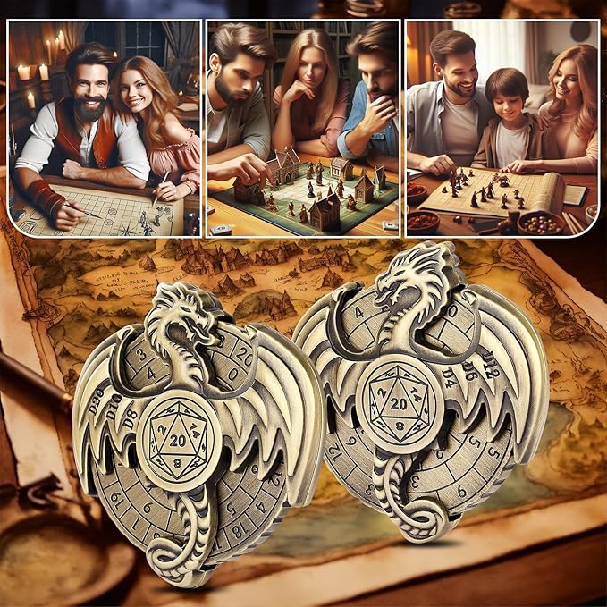 Spinner DND Dice Set, 7-in-1 Dragon Metallic D&D Dice, Dragon Roulette Dice Spinner for DND Dice Set, D&D Gifts with Gift Box, Role Playing Game Board Game Accessories, Bronze