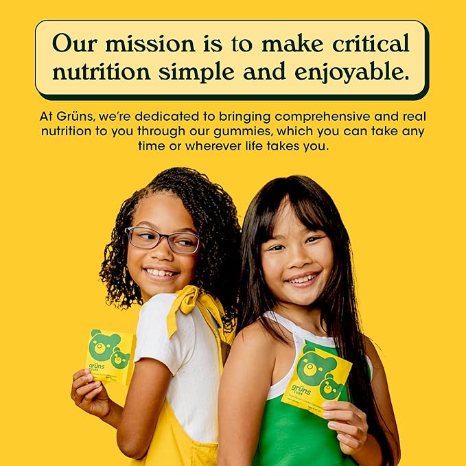 Gruns Kids Vitamins, Super Greens Gummies, Sugar-Free Superfood Gummy Bears With Spirulina, Chlorella, Prebiotics Fiber for Digestive Health, Adaptogens Supplement, 20 Vitamins & Minerals, 28 day Pack