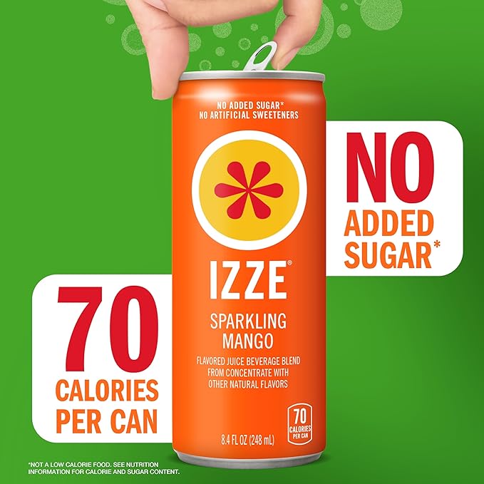 IZZE Sparkling Juice Beverage Blend, Mango, No Sugar Added, 8.4 FL OZ, 24 Cans