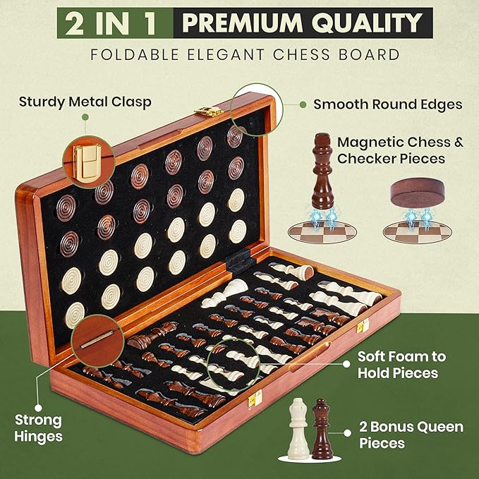 15'' 2 in 1 Wooden Magnetic chess and checkers set (2 Extra Queens, Foldable Chess set & Cotton Storage Bag) Magnetic Chess Sets for Adults with Color Gift Box, Handmade Checkers Board Game