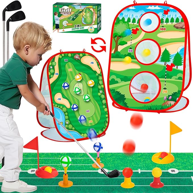 Toddler Golf Toys Set for Kids - Game with Double-Sided Golf Chipping Cornhole Board, 12 Ball, 2 Adjustable Clubs, Indoor Outdoor Birthday Gifts for Girls Boys 3 4 5 6 Years Old