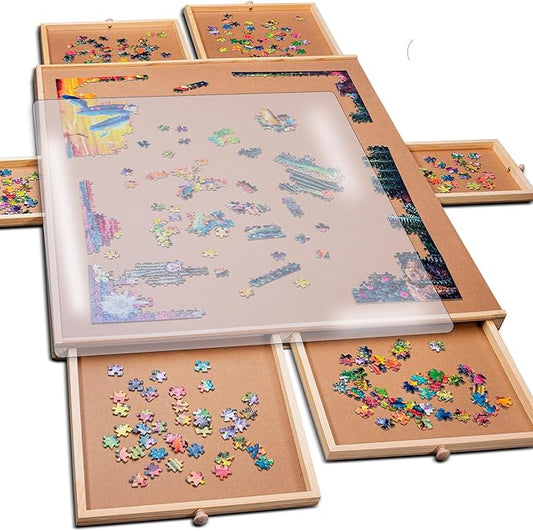 PlayVibe Puzzle Locker 1500 Piece Puzzle Board with Drawers and Cover - Jigsaw Solve Station - Sturdy Jigsaw Puzzles Table with 6 Drawers 27" x 35" - Portable Wooden Tray, Puzzles Accessories