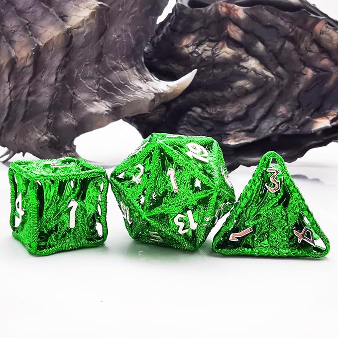 HAOMEJA Hollow Dragon Dice DND Metal Dice Set 7 Role Playing Dice D&D Dungeons and Dragons Dice (Green)