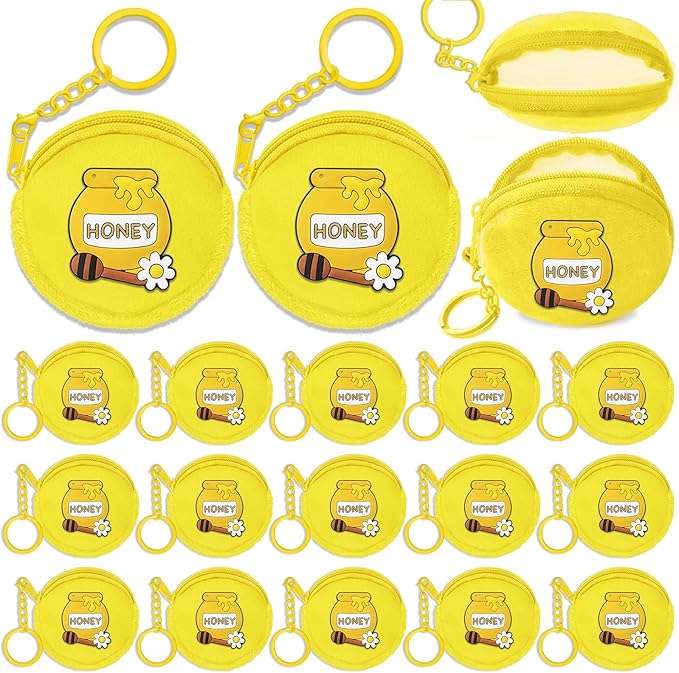 15 Pack Honey Pot Mini Coin Purses with Keyring for Bumble Bee Baby to Bee Baby Shower Gender Reveal Party Supplies,Yellow