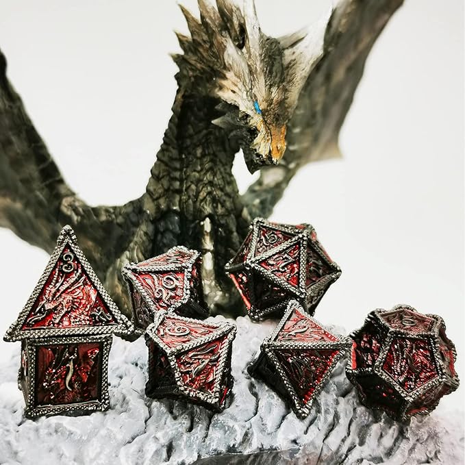 HAOMEJA DND Dice Metal Dragon Dice Set 7 Role Playing Dice D&D Solid Dice Dungeons and Dragons (Black Nickel Red)