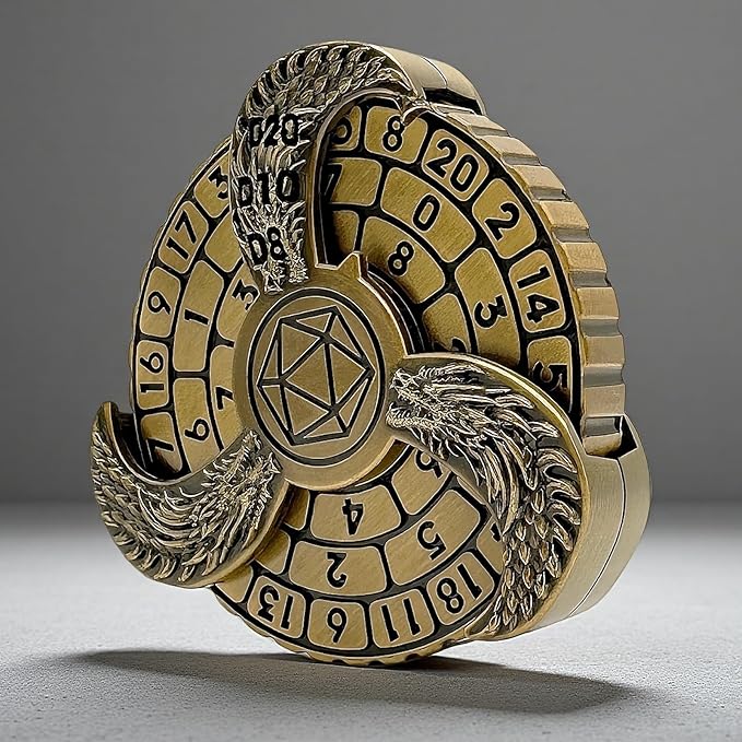 D&D Themed Fidget Spinner, dice Spinner, D4,D6, D8, D10, D12,D20,D% 7-in-1 Metal dice, Perfect for D&D Dungeons and Dragons, RPG and Pathfinder Role Playing Games (Ancient Gold Color)