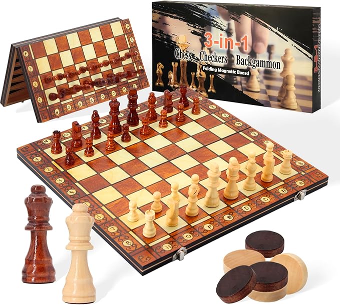 15.4" 3-in-1 Magnetic Chess, Checkers, and Backgammon Set - Extra Queens - Wooden portable and foldable Board game, Travel Game Set for Adults, Kids and Elder - Gift for parents and children