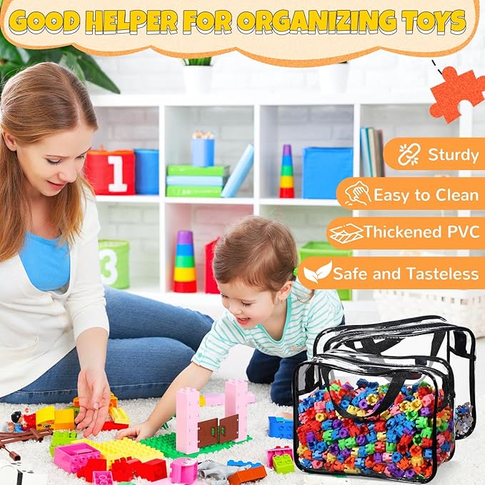 Sanwuta 4 Packs Large Toy Storage Bags Reusable Clear PVC Organizing Case Bags with Two Handles Waterproof Toy Container for Board Games, Building Blocks, Puzzles, Small Toys and Kids Books(Black)