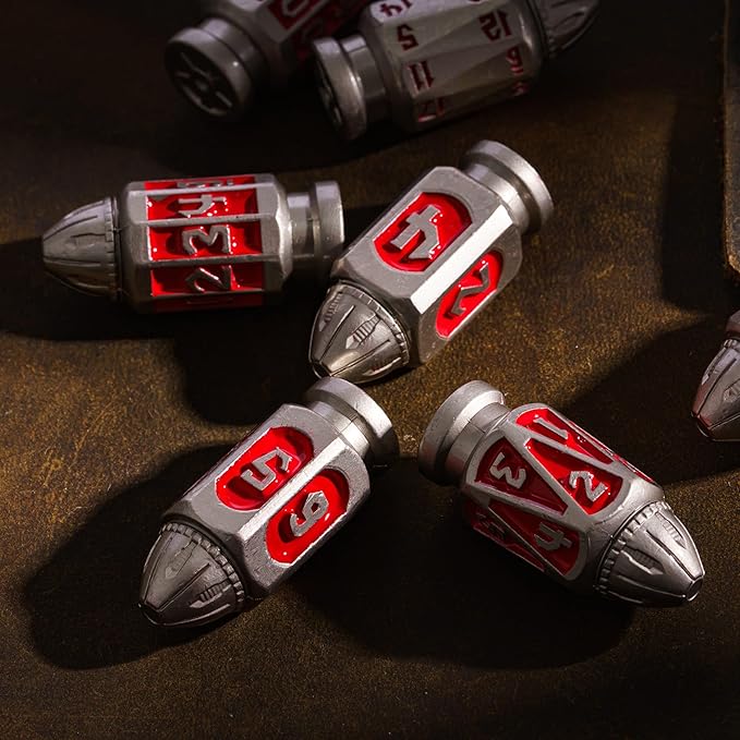 UDIXI Metal Dice Set D&D 7-Die RPG Polyhedral Bullet Dice Set Cyberpunk Style with Metal Container for Role Playing Game or Other Tabletop Games(Nickel Red)