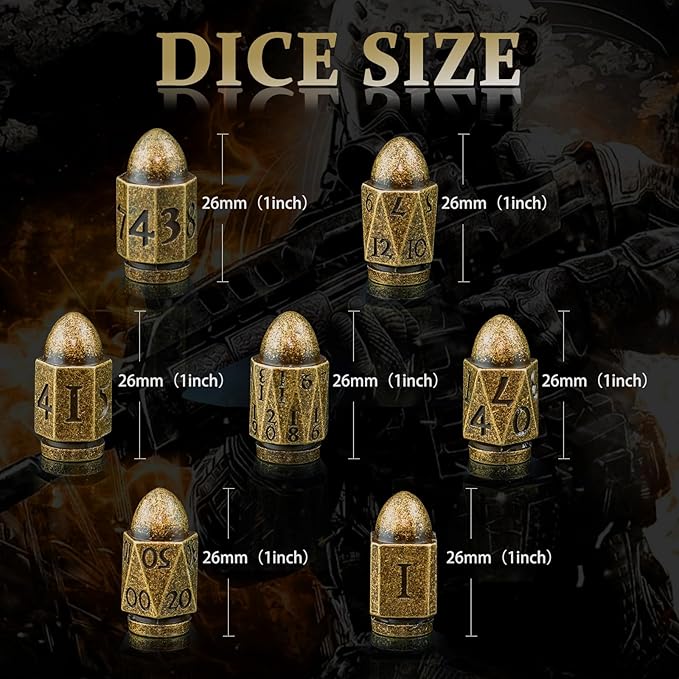 Bullet Dice Set - Metal Polyhedral Dice for Dungeons and Dragons, Warhammer, or Crime Theme Role Playing Games (Bronze)