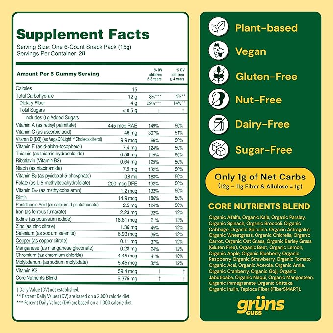 Gruns Kids Vitamins, Super Greens Gummies, Sugar-Free Superfood Gummy Bears With Spirulina, Chlorella, Prebiotics Fiber for Digestive Health, Adaptogens Supplement, 20 Vitamins & Minerals, 28 day Pack