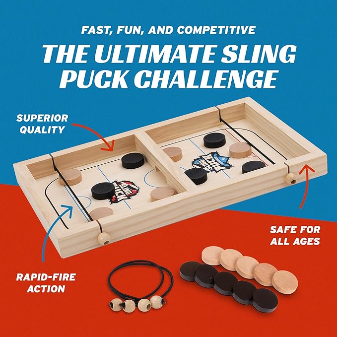 Fast Sling Puck Table Board Game I Wooden Family Indoor Two Player, Table Games for Family - Top Hockey for Adults & Kids, Competitive Parties for Fun