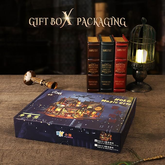 Miniature House Kit DIY Mini House Building Kit with LED Light, DIY Mini Dollhouse with Furniture Book Nook Kit, 3D Wooden Puzzle Wooden Bookend Shelf Insert Decro (Holo Magic City)