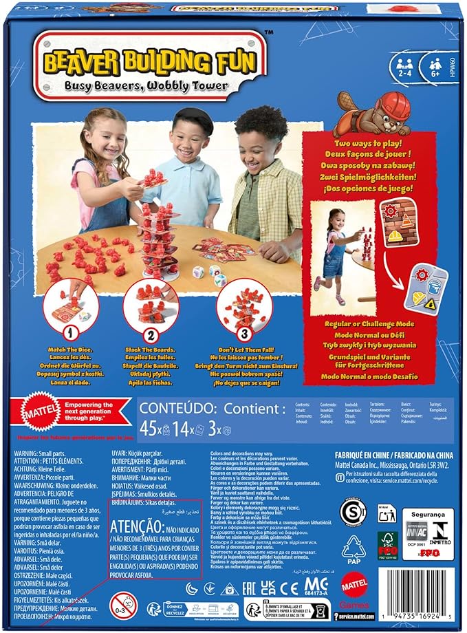 Mattel Games Beaver Building Fun Game for Family Nights, Game Nights, Travel & Camping for 2-4 Players 6 and Up with 45 Beaver Figures, 14 Double-Sided Building Tiles and 3 Dice.