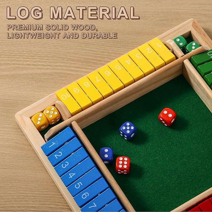 Dice Game Shut The Box Wooden Board Game,4 Sided Family Math Game for 2-4 Players,Educational Learning Interactive Game, Classics Tabletop Version Games for Classroom, Party, or Pub